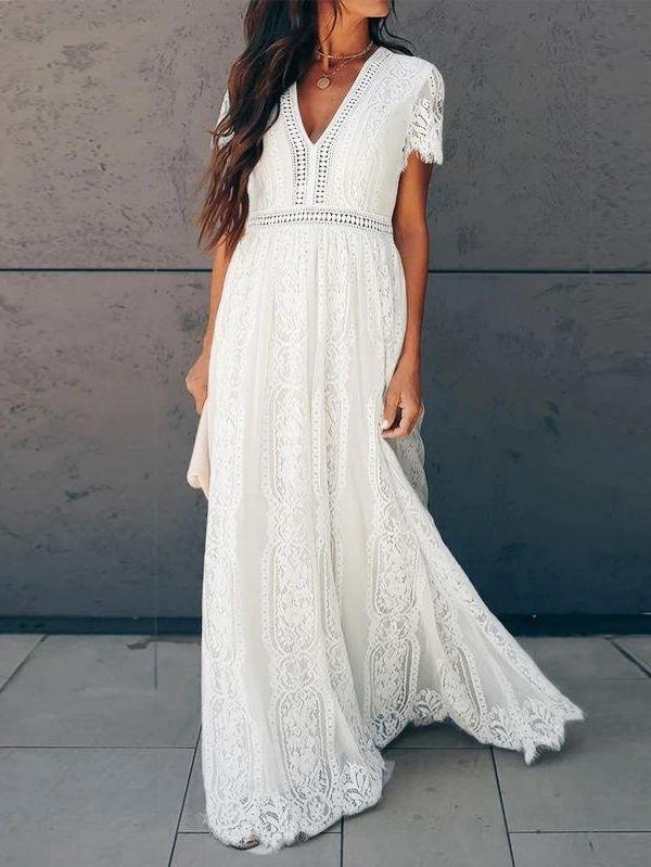 Vestido Branco Longo de Renda Manga Curta