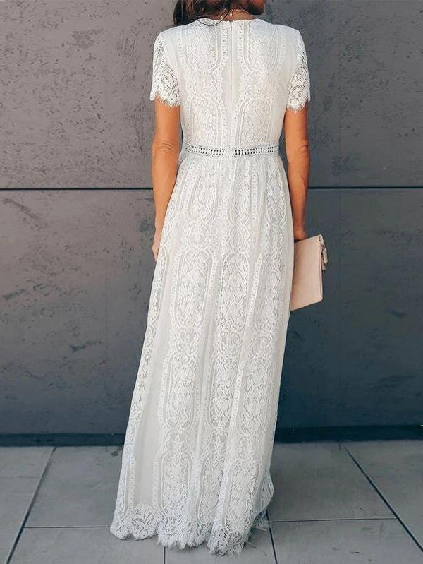 Vestido Branco Longo de Renda Manga Curta