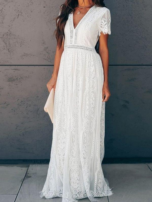 Vestido Branco Longo de Renda Manga Curta