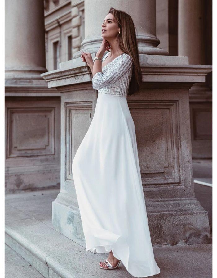 Vestido Branco Longo Decote em V Chiffon Contraste Lantejoula