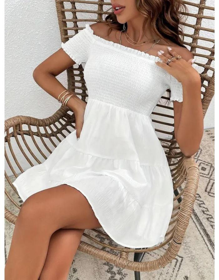 Vestido Branco Ombro a Ombro Babados Franzidos