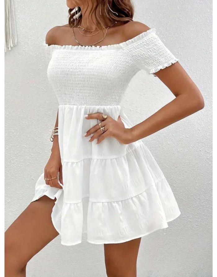 Vestido Branco Ombro a Ombro Babados Franzidos