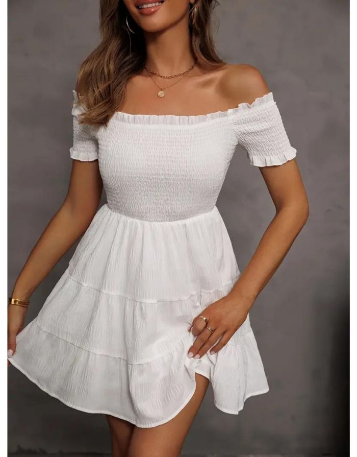 Vestido Branco Ombro a Ombro Babados Franzidos