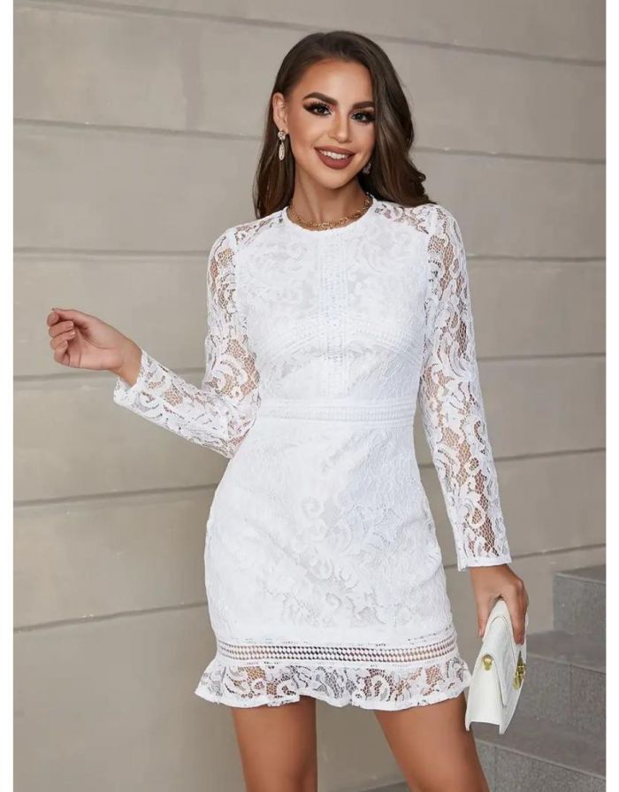 Vestido Curto Manga Vestido Manga Longa Com Renda Vestido Branco - Main Image