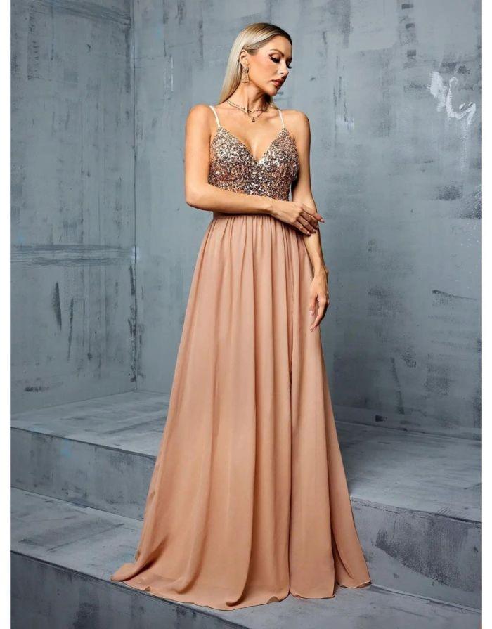 Vestido Champagne Longo Decote V Profundo Sequin