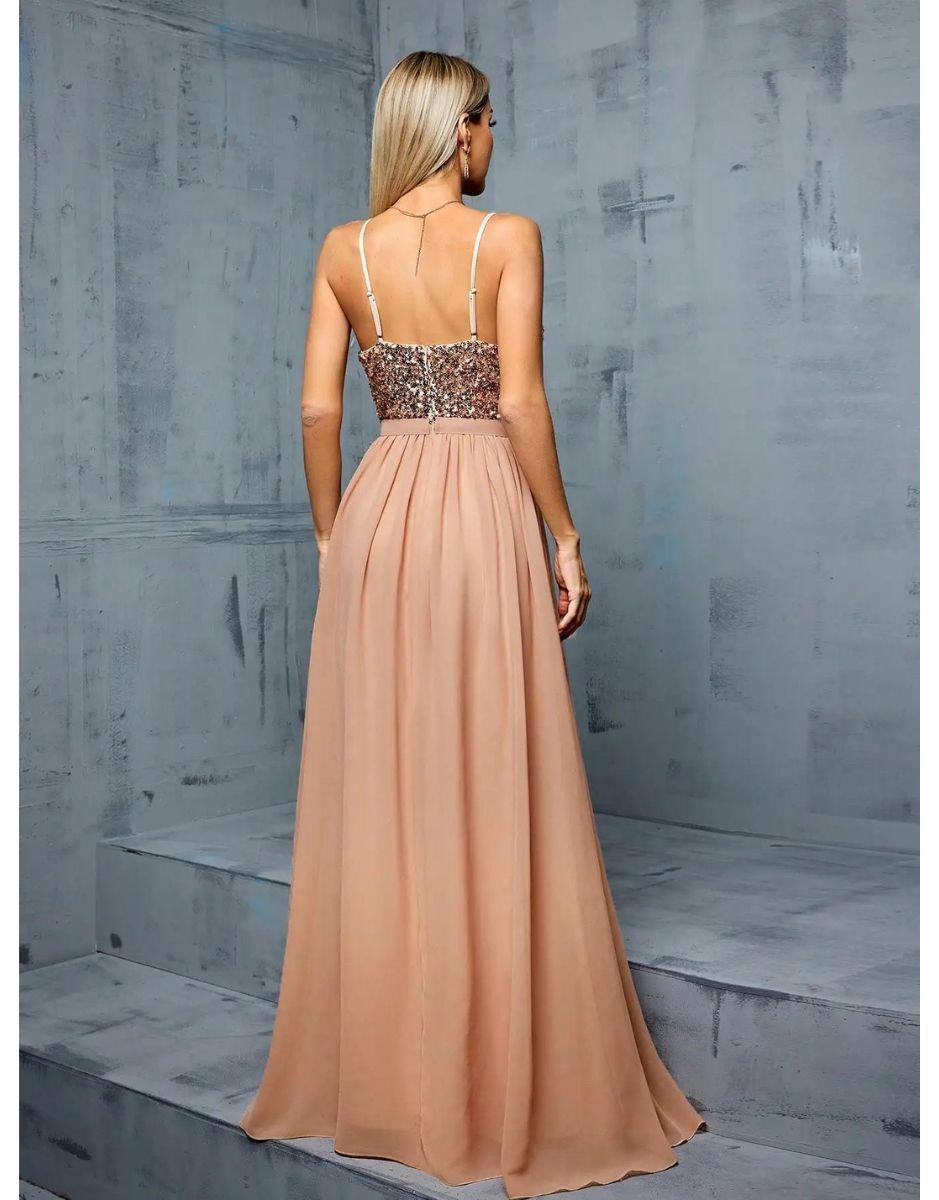 Vestido Champagne Longo Decote V Profundo Sequin