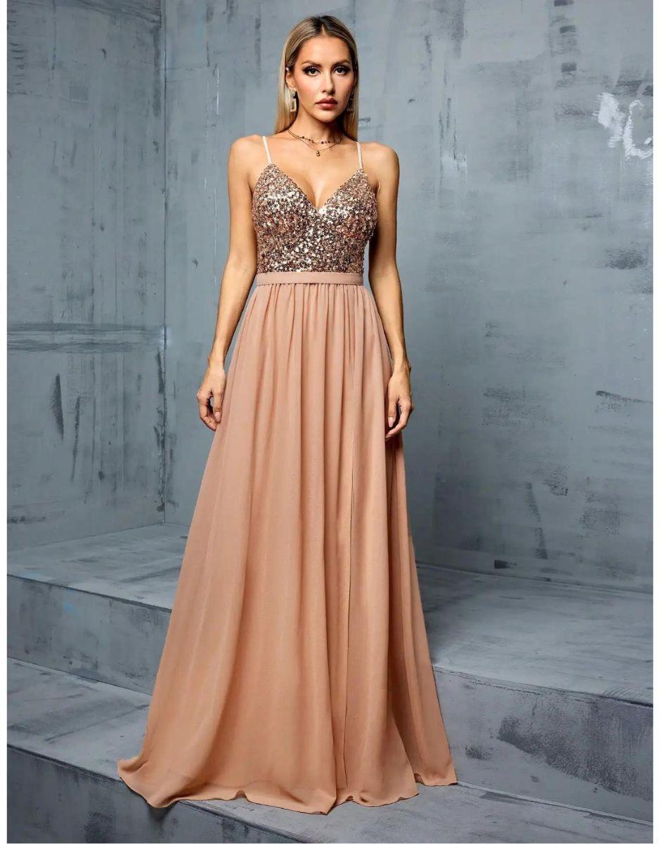 Vestido Champagne Longo Decote V Profundo Sequin