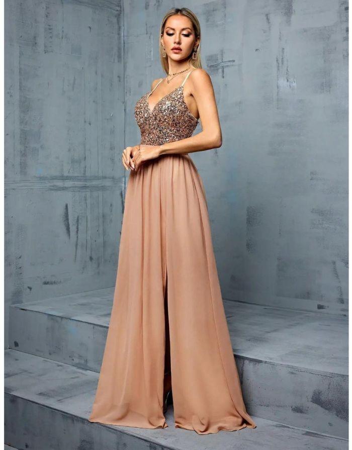 Vestido Champagne Longo Decote V Profundo Sequin