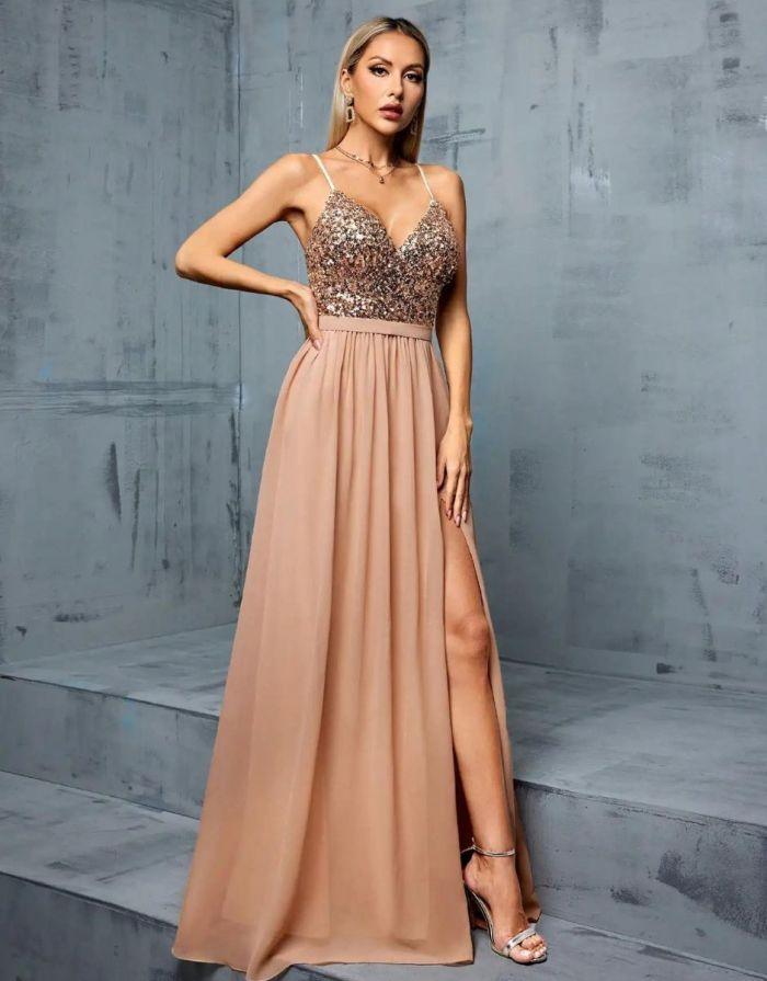 Vestido Champagne Longo Decote V Profundo Sequin