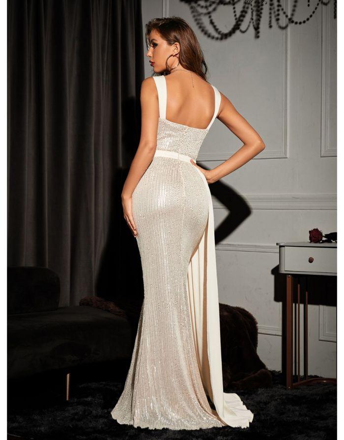 Vestido Champagne Longo Jasmine Fenda Frontal