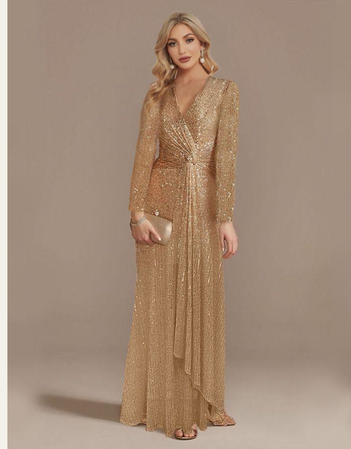 Vestido Champagne Longo Lantejoula Gola V