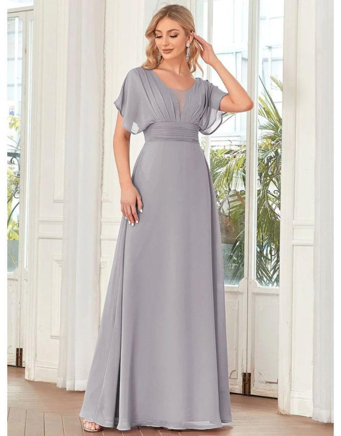 Vestido Cinza Longo Decote em V Mangas com Babados