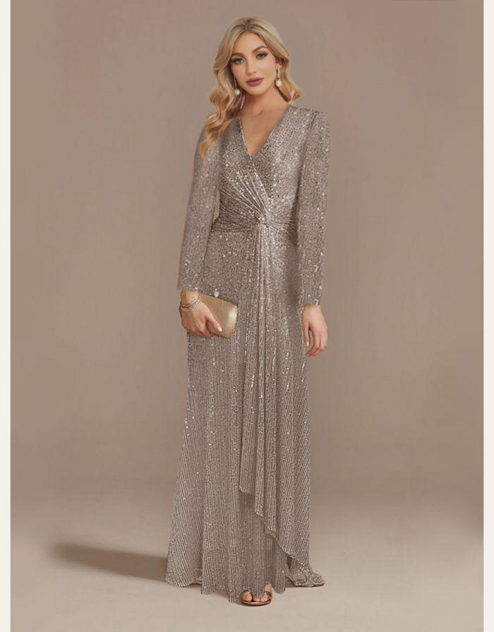 Vestido Cinza Longo Lantejoula Gola V