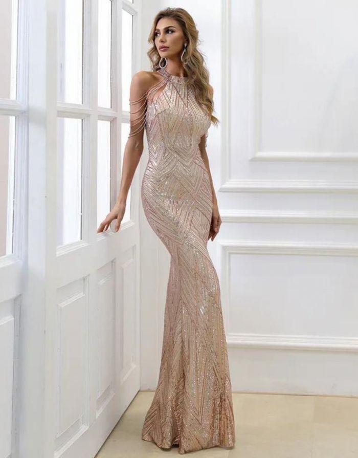 Vestido Dourado Longo Cauda de Sereia