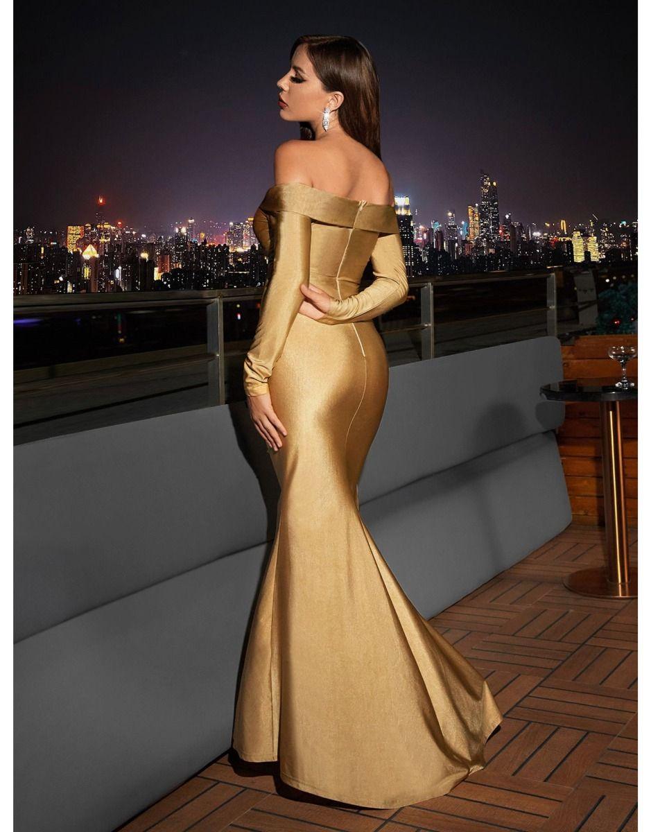 Vestido Dourado Longo de Fenda Lateral Alanna