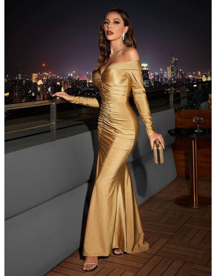 Vestido Dourado Longo de Fenda Lateral Alanna