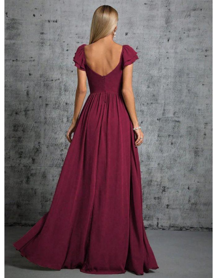 Vestido Fúcsia Longo Com Gola Ferradura Mangas Babados