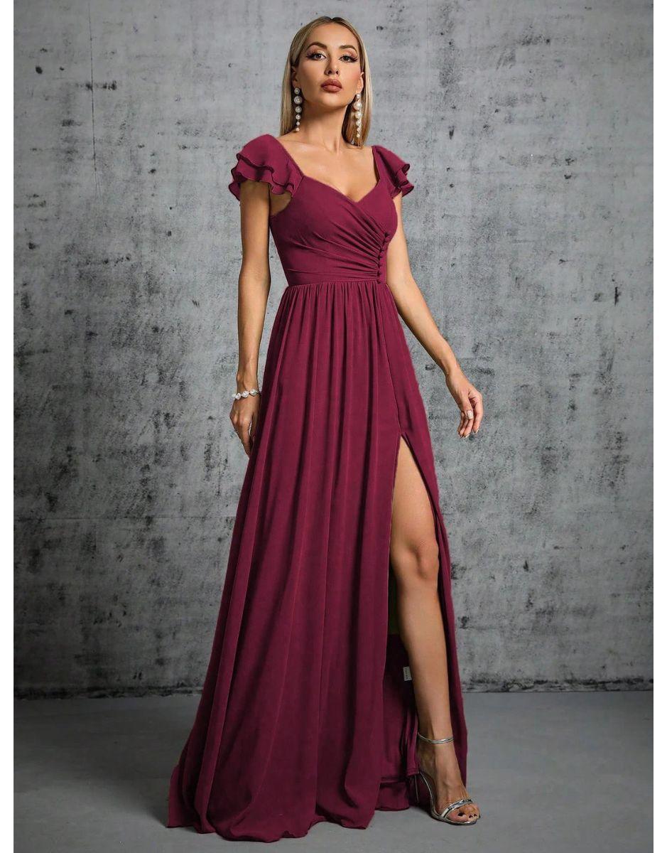 Vestido Fúcsia Longo Com Gola Ferradura Mangas Babados