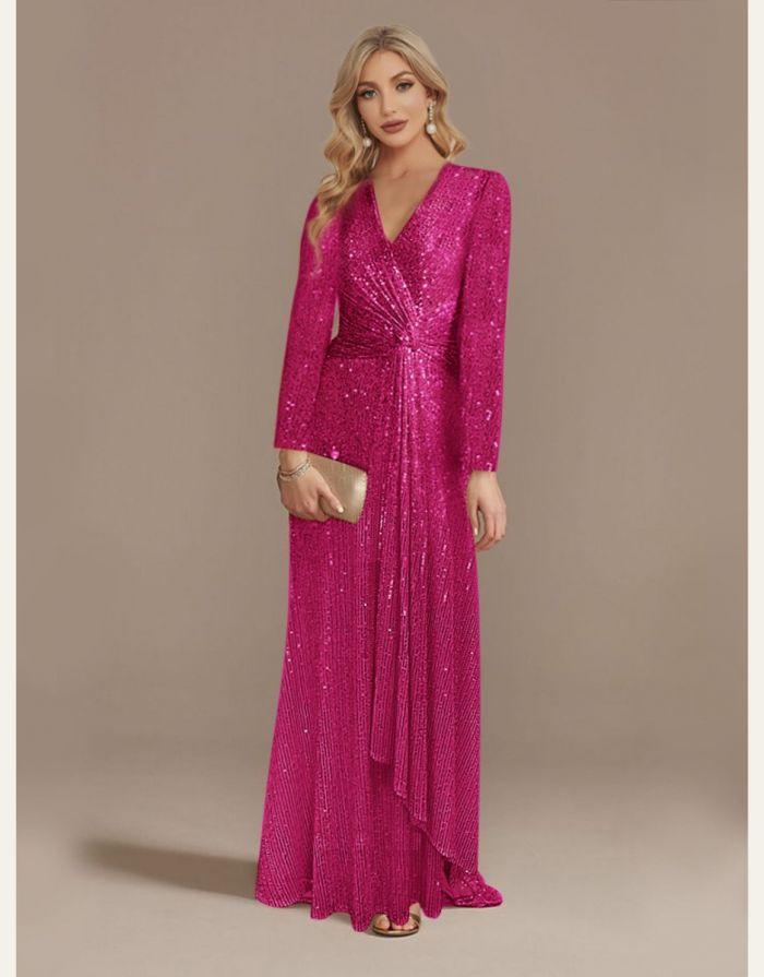 Vestido Fúcsia Longo Lantejoula Gola V