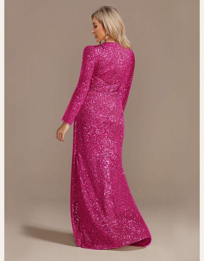 Vestido Fúcsia Longo Lantejoula Gola V