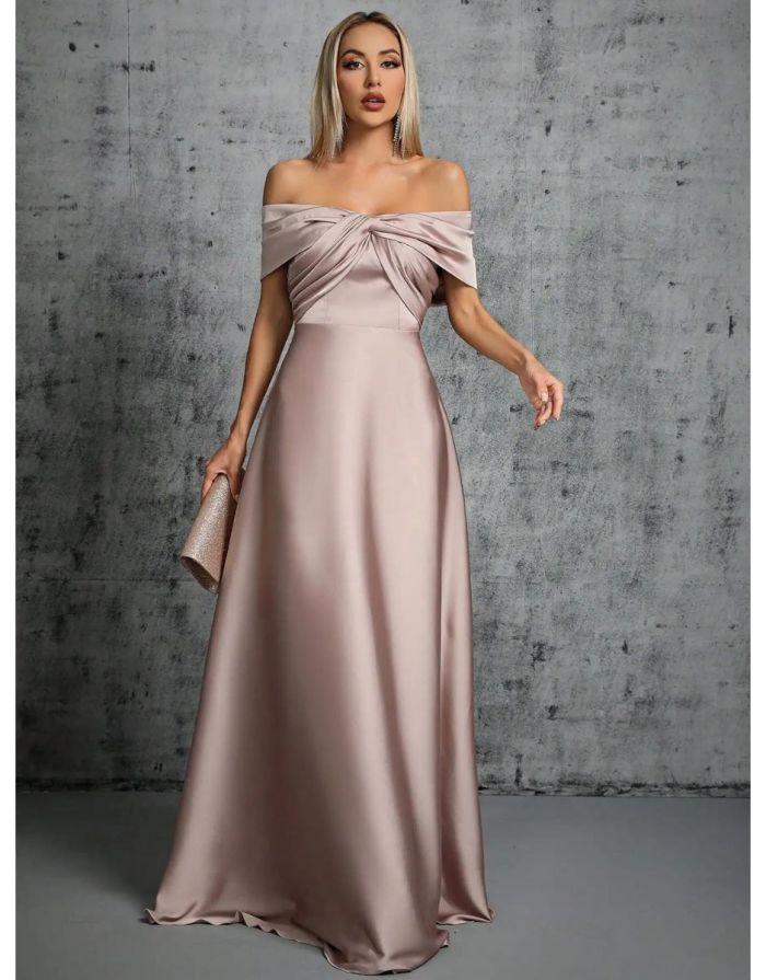 Vestido Khaki Longo De Cetim Plissado Gola De Linha