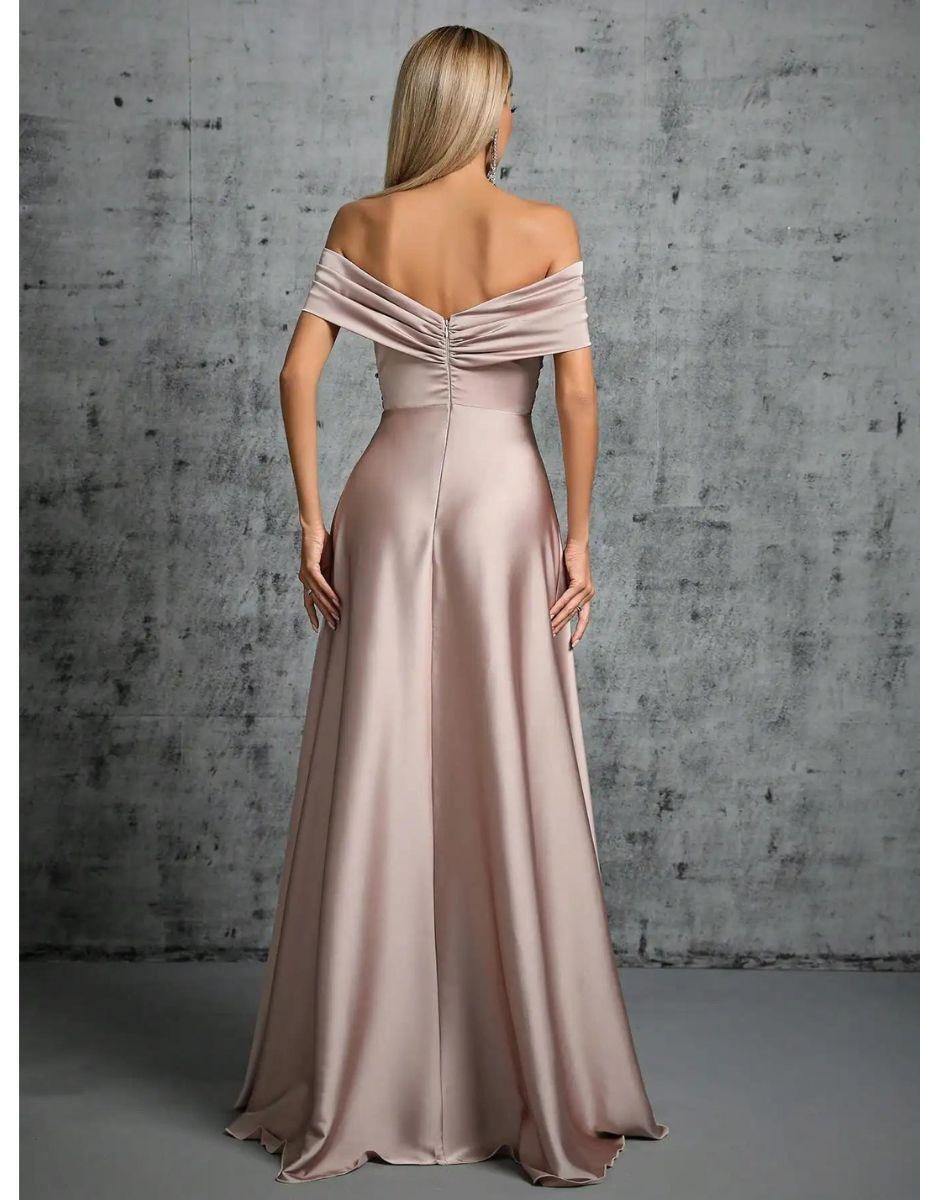 Vestido Khaki Longo De Cetim Plissado Gola De Linha