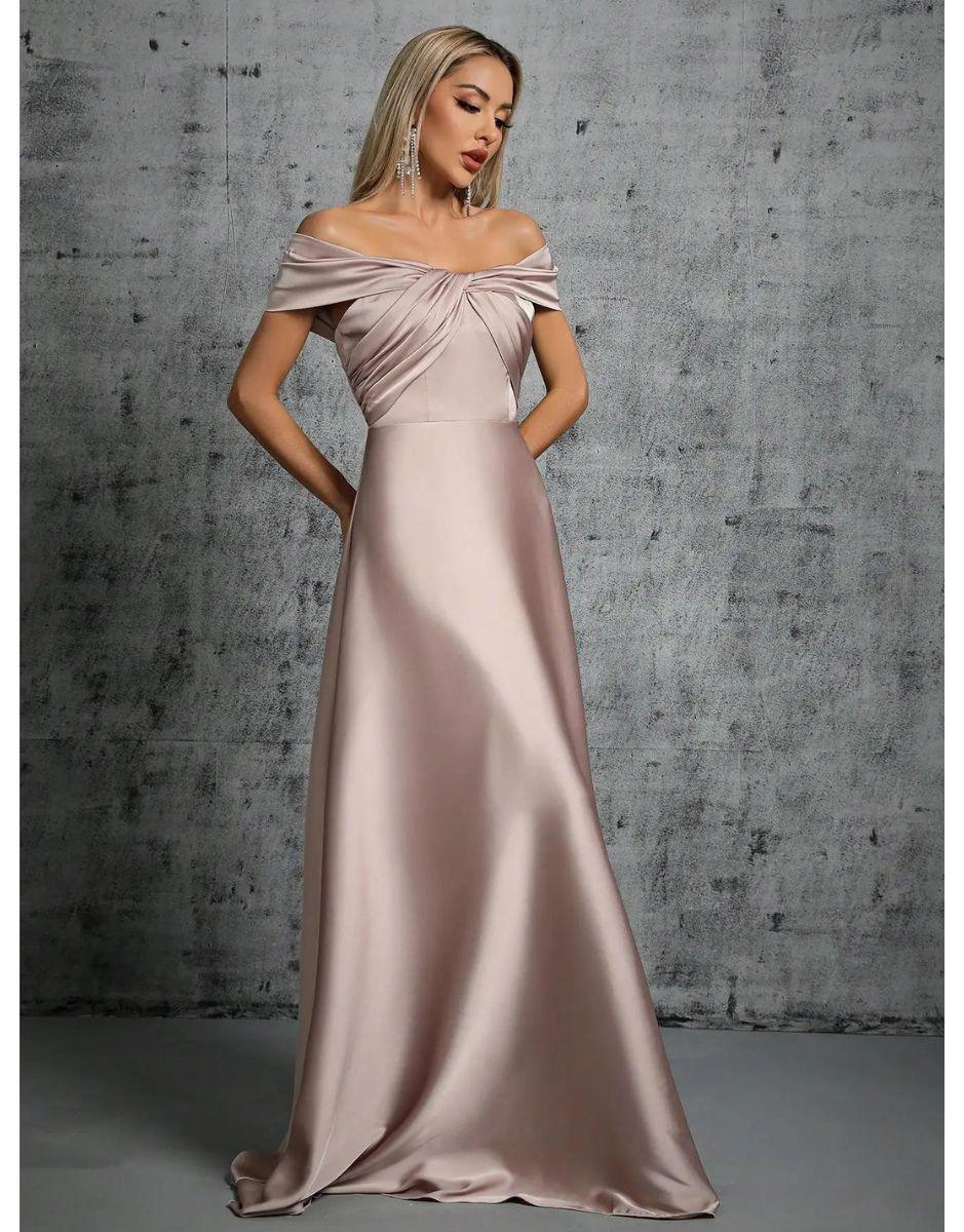 Vestido Khaki Longo De Cetim Plissado Gola De Linha