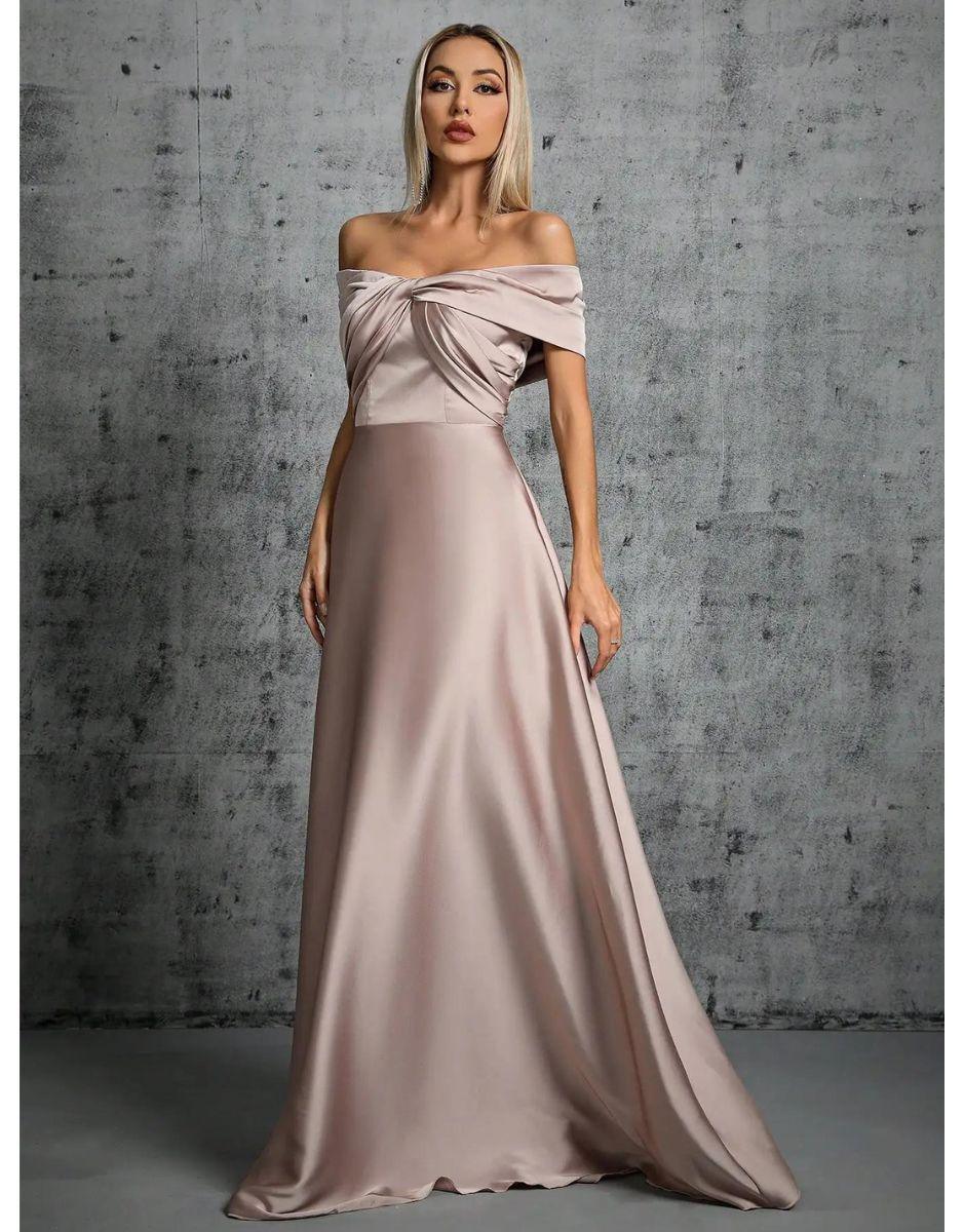 Vestido Khaki Longo De Cetim Plissado Gola De Linha