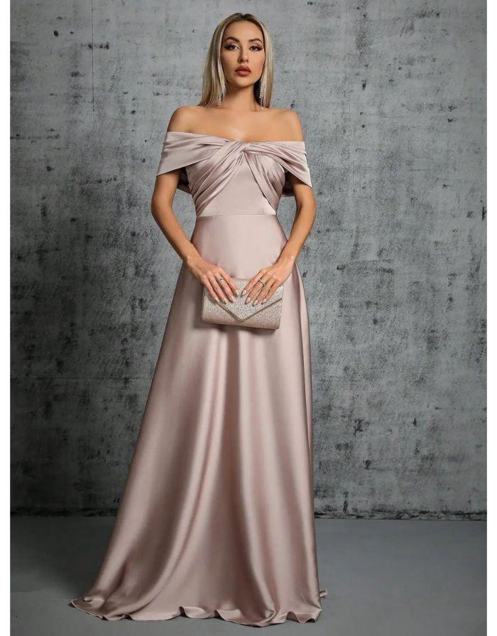 Vestido Khaki Longo De Cetim Plissado Gola De Linha