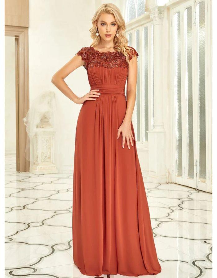 Vestido Laranja Queimado Longo Decote em O Off Mangas