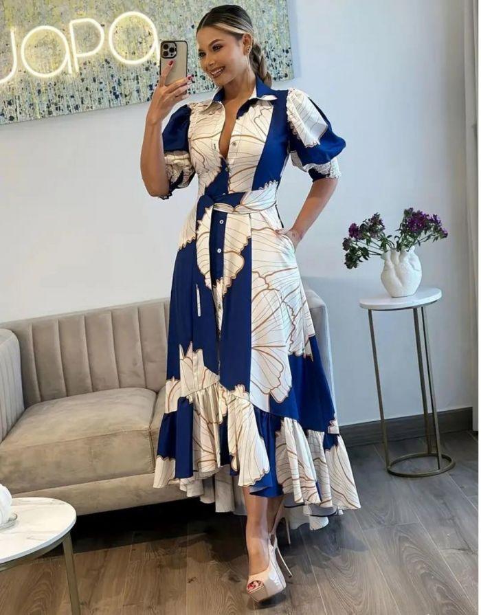 Vestido Longo Botões Frontal Estampado