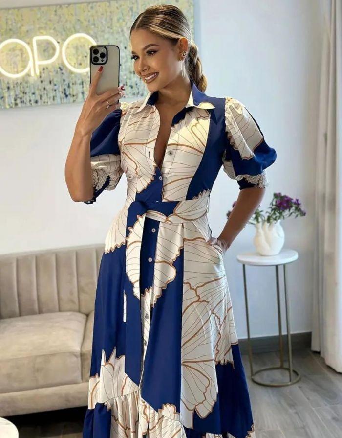 Vestido Longo Botões Frontal Estampado