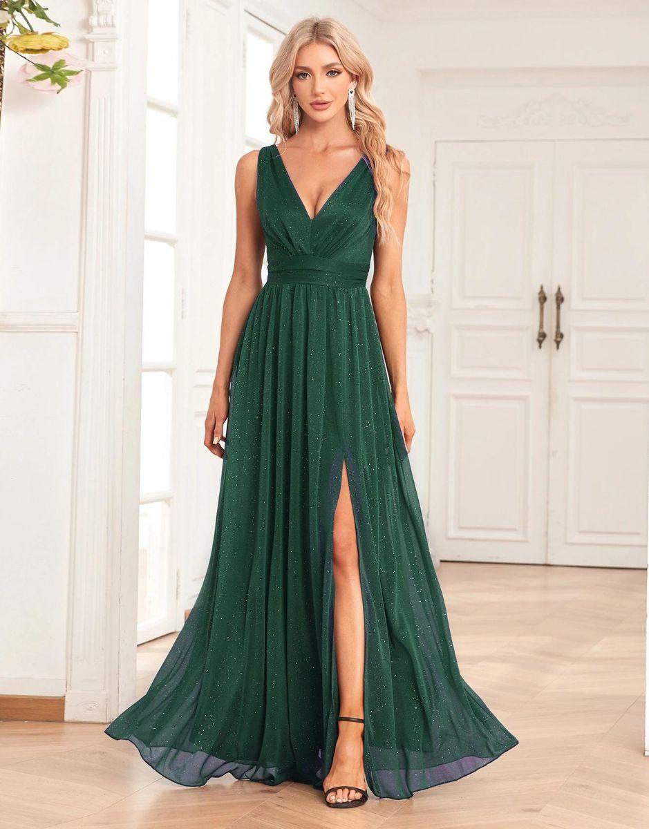 Vestido Longo Brilhante Chiffon Duplo Decote V