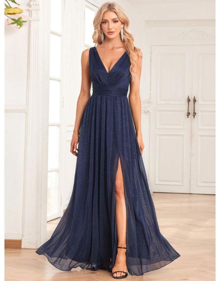 Vestido Longo Brilhante Chiffon Duplo Decote V