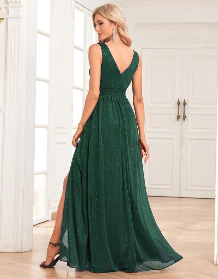 Vestido Longo Brilhante Chiffon Duplo Decote V