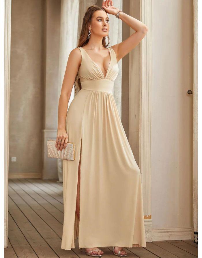 Vestido Longo Decote em V Fenda Madrinha - Main Image