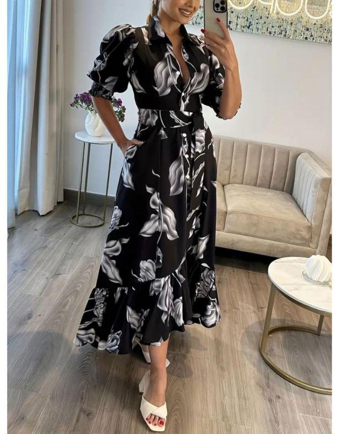 Vestido Longo Estampa Floral Botões Frontais com Bolso