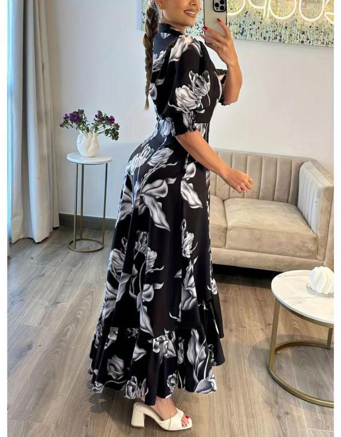 Vestido Longo Estampa Floral Botões Frontais com Bolso