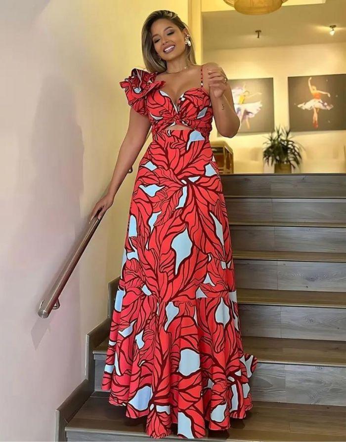 Vestido Longo Estampado Com Recorte