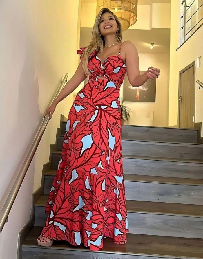 Vestido Longo Estampado Com Recorte