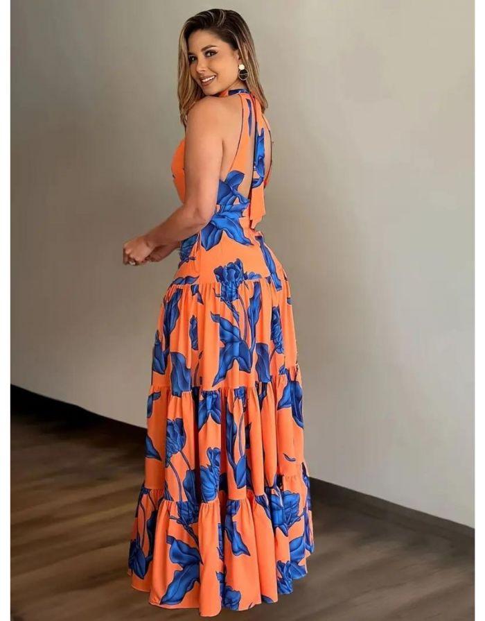 Vestido Longo Estampado Floral Com Decote Halter