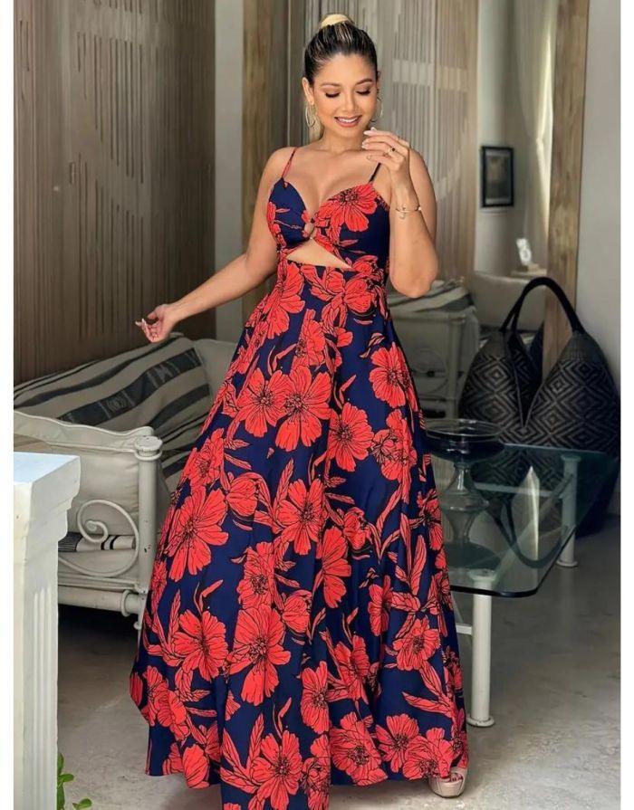 Vestido Longo Recortado Anel Estampado Floral