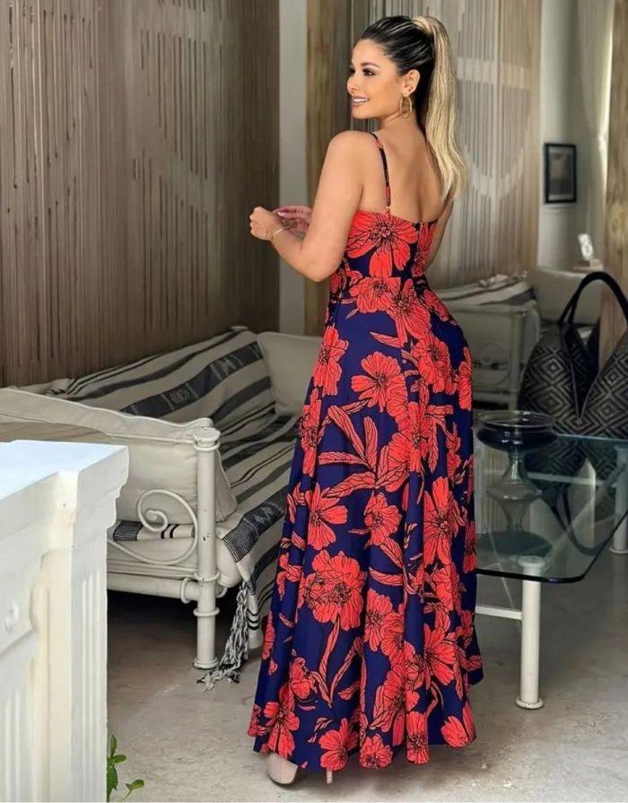 Vestido Longo Recortado Anel Estampado Floral