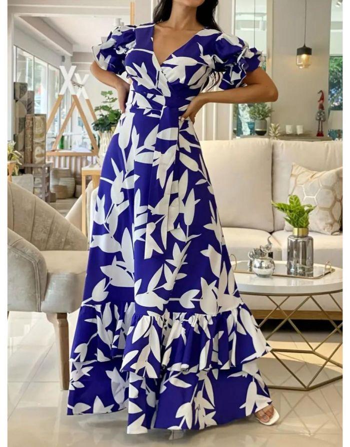 Vestido Longo Transpassado Estampado Floral Mangas Bufantes