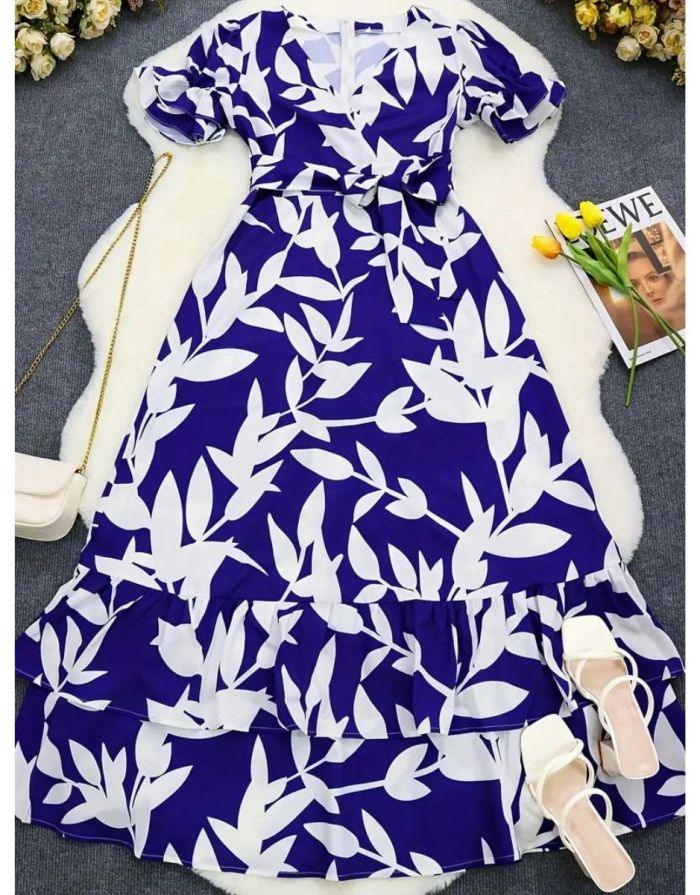 Vestido Longo Transpassado Estampado Floral Mangas Bufantes