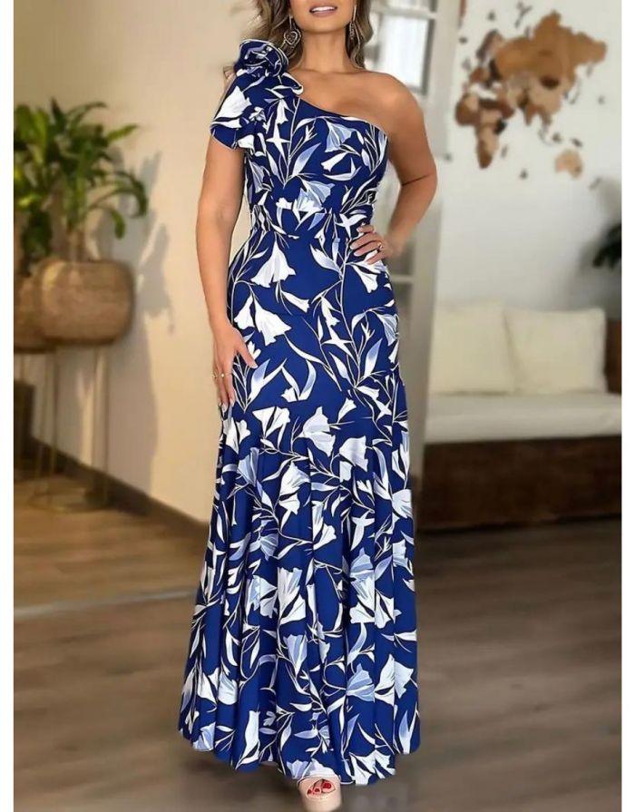 Vestido Longo Um Ombro Estampa Floral