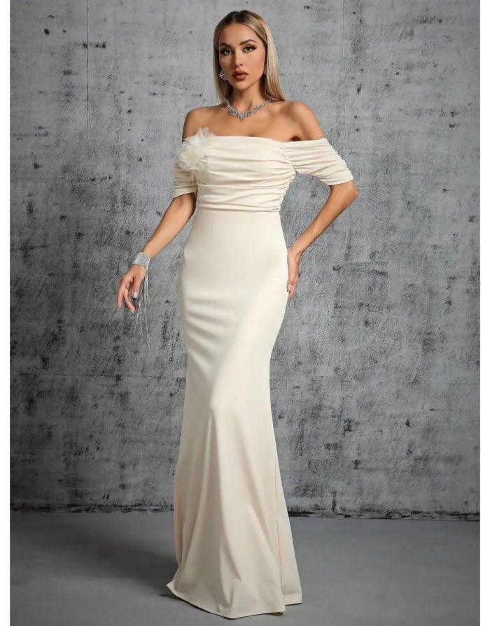 Vestido Marfim Longo Flor Tridimensional