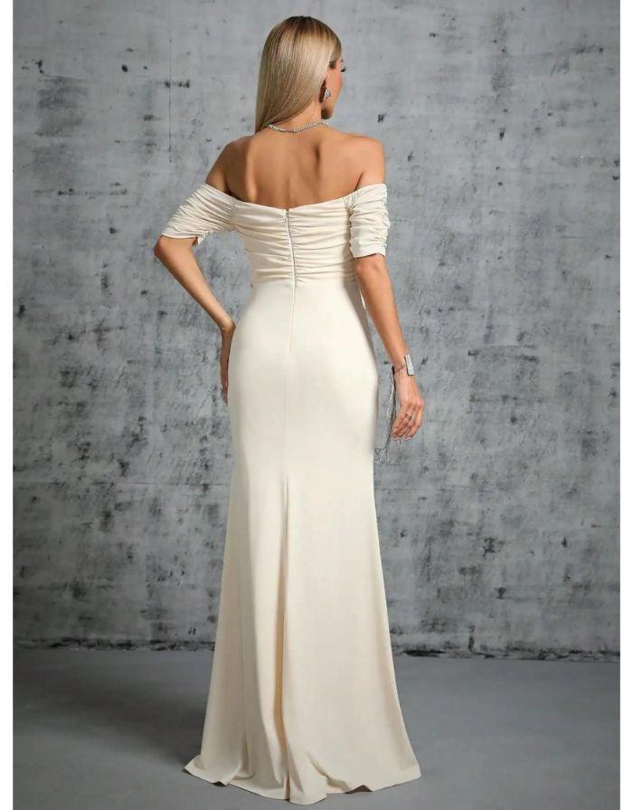 Vestido Marfim Longo Flor Tridimensional