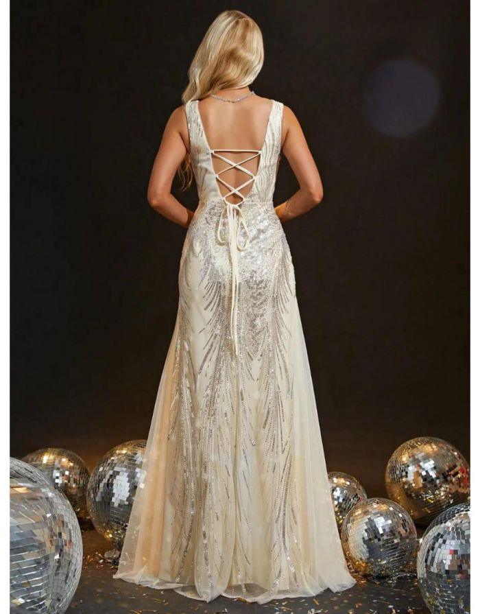 Vestido Marfim Longo Malha Fishtail