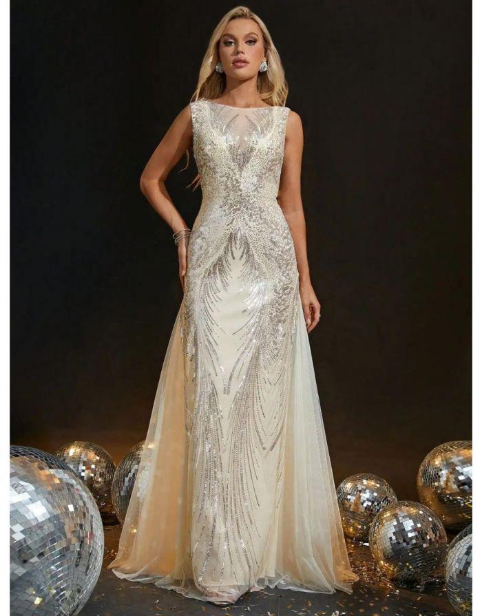 Vestido Marfim Longo Malha Fishtail